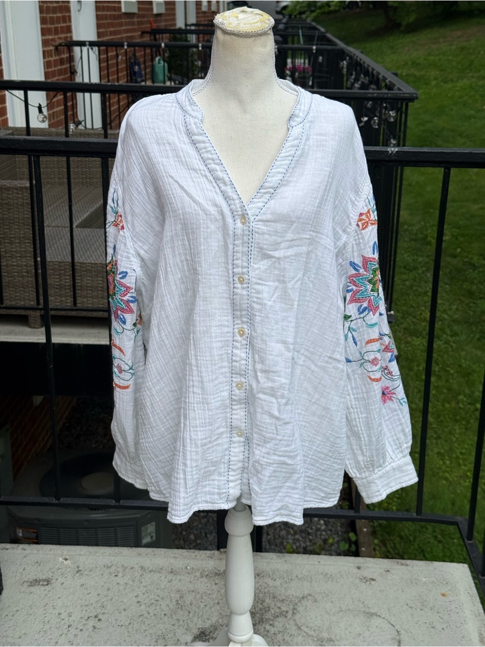 Soft Surroundings 100% Cotton Long-Sleeve Tunic with Floral Sleeve Embroidery